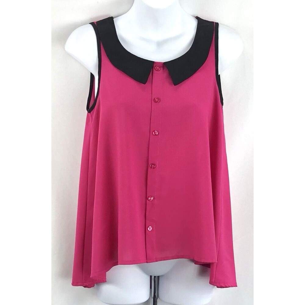 American Rag Sleeveless BabyDoll Chiffon Top XS Pnk Blk ButtonUp Hi Lo Glam Y2K